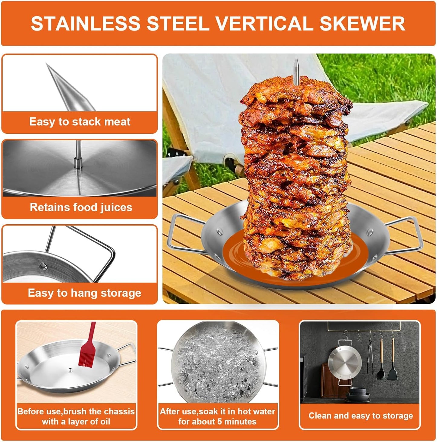 Al Pastor Skewer for Grill, Stainless Steel Vertical Skewer, Brazilian Vertical Spit with 3 Spikes(8”/10"/12”)& Brushes, for Tacos Al Pastor, Shawarma Kebabs Smoker Oven BBQ Dishes