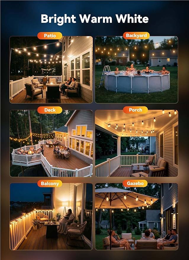Minetom 53FT Outdoor String LED Patio Lights Waterproof, 24 Shatterproof S14 - Image 6