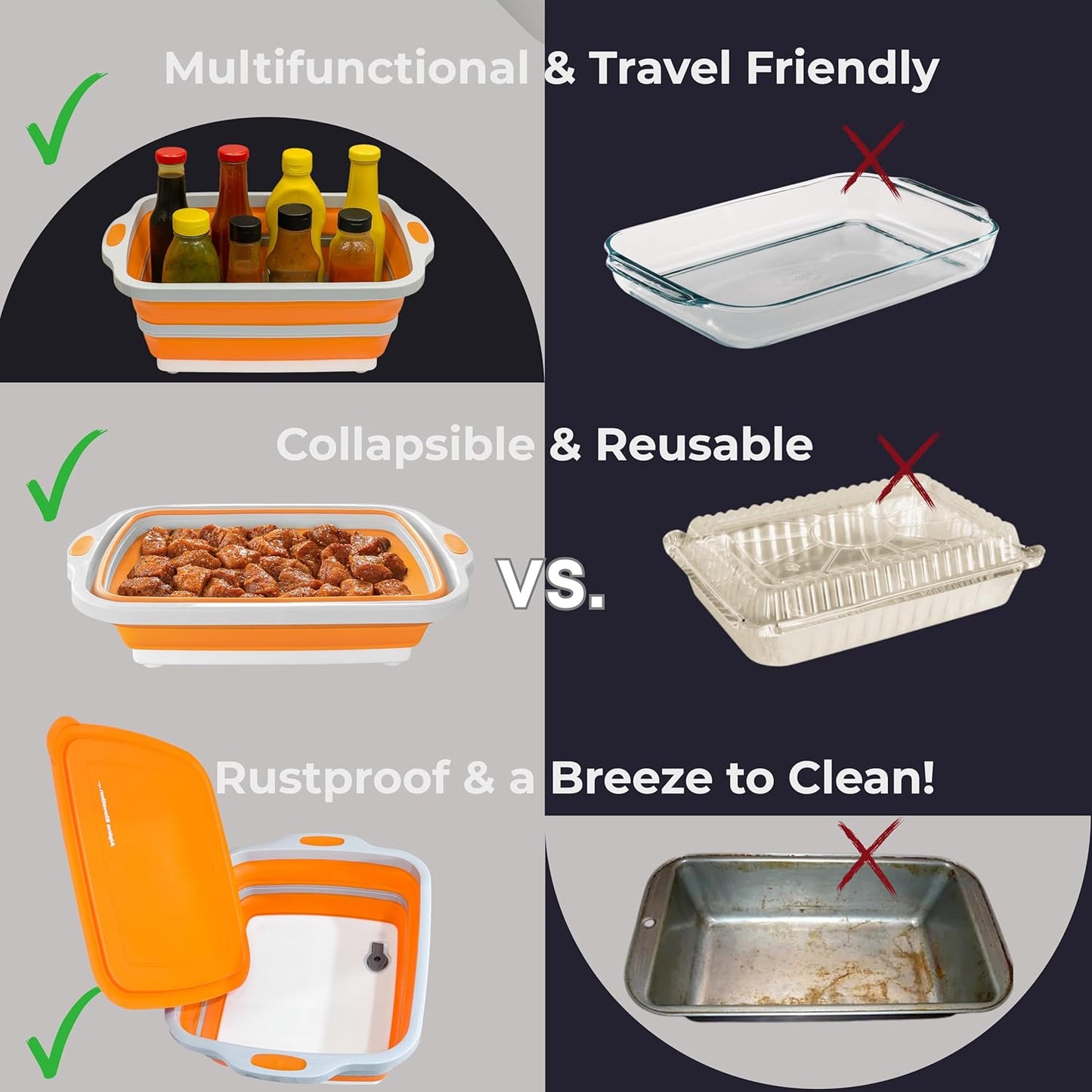 Collapsible Large (8L) BBQ Marinating Tub w/Cutting Board | Multipurpose Food-Grade TPE Prep Tub w/Lid | Built-in Colander & Drain Plug - for Camping | Tailgate | Picnic - Bold Orange