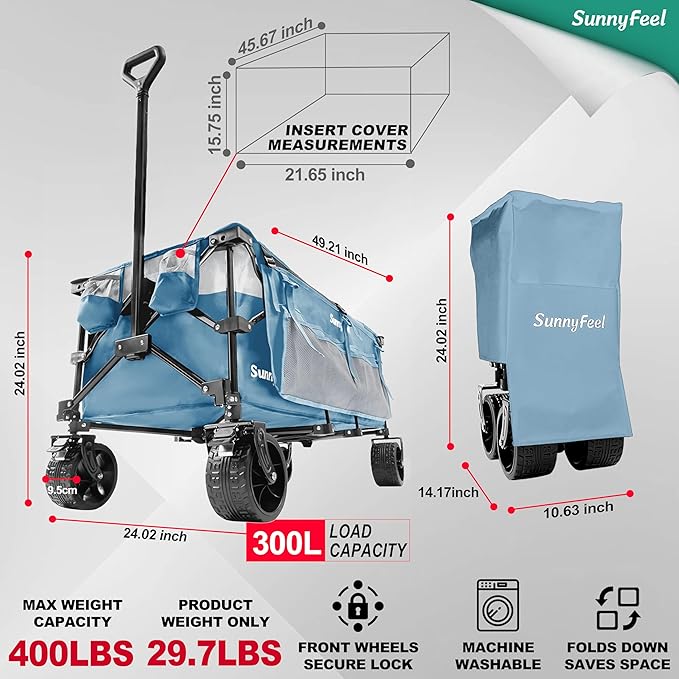 SUNNYFEEL 49''L 550lbs Heavy Duty Wagon Cart Foldable with Wheels,Extra Long Fold Up Wagons Carts with Side Pocket and Brakes for Camping Sports Garden Shopping (Blue)