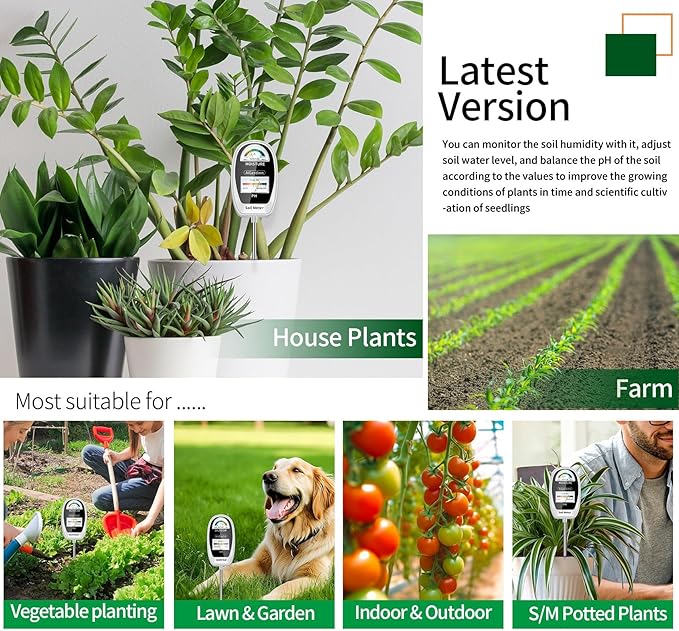 Soil Test Kit, 2-in-1 Soil Moisture Meter, Soil pH Meter -Dual Dial-Simultaneously-Display Results-Soil pH Tester, Moisture Meter for Garden,Lawn,Farm Indoor&Outdoor Plants-PureWhite