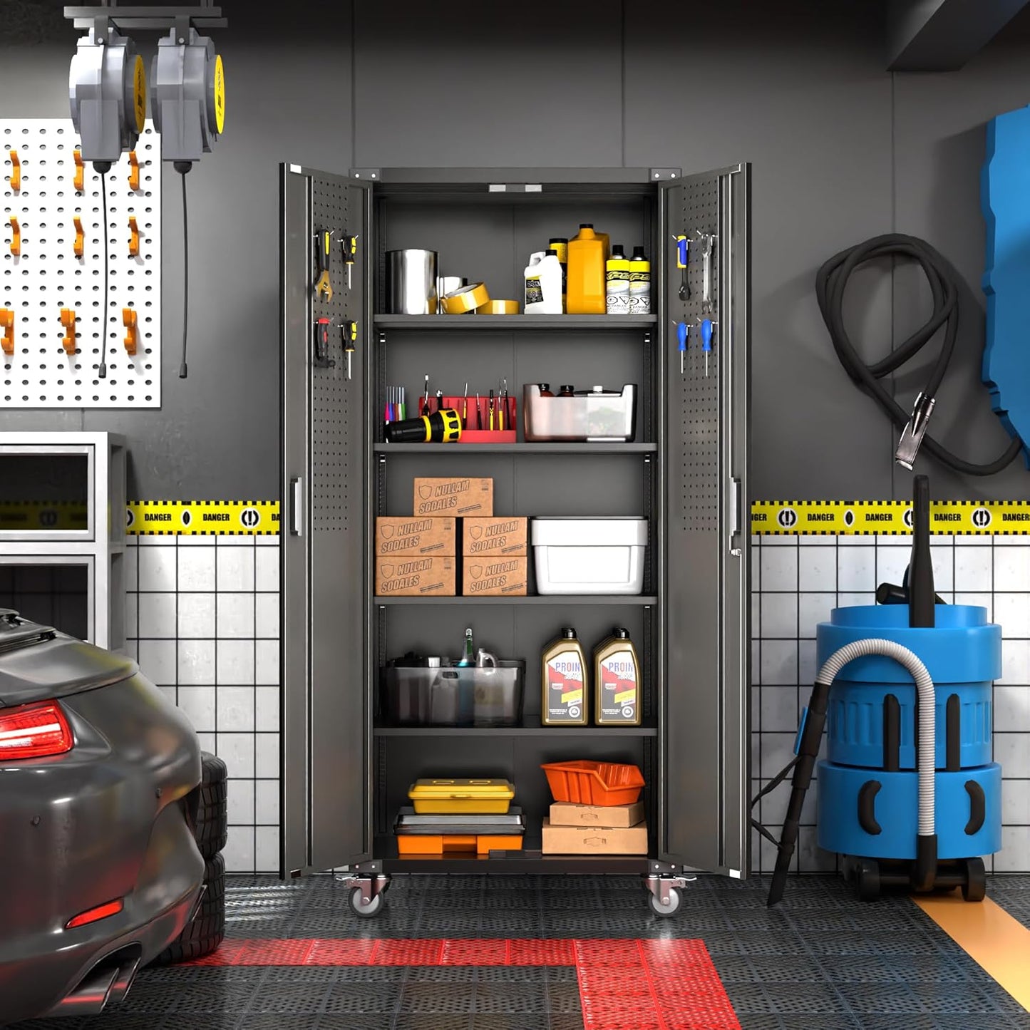 Metal Garage Storage Cabinet with Wheels & Pegboard,72In Lockable Steel Storage Cabinets with 2 Doors&4 Adjustable Shelves for Garage&Home,Assembly Required,Black