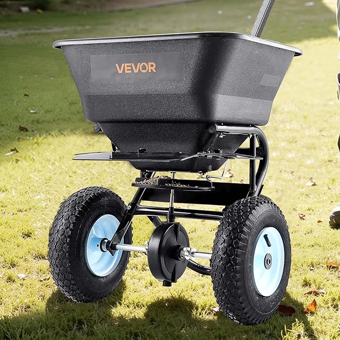 VEVOR Broadcast Spreader, 100LBS4Capacity, Walk-Behind Push Spreader, 0-9.8ft Spreading Width, 13 in All Terrain Pneumatic Tires, Lawn Spreaders with Hopper Grate, for Seed, Fertilizer, Salt, Ice Melt