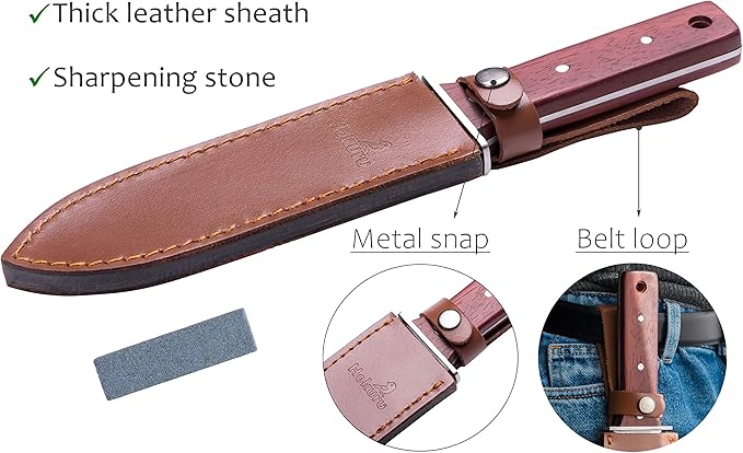 Hori Hori Knife - Landscaping, Digging, Weeding, Cutting, Planting Gardening Tool With Leather Sheath, Stainless Steel Blade and Sharpening Stone