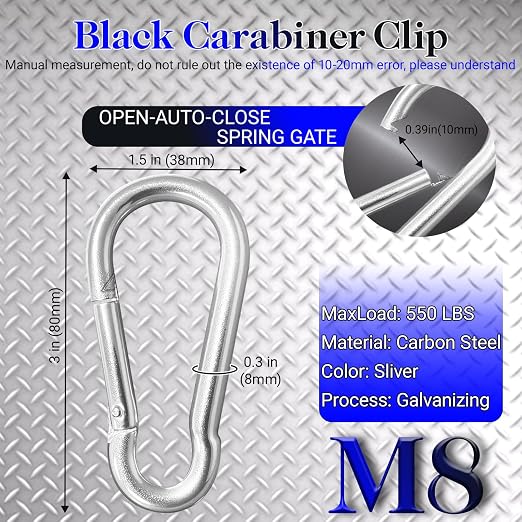 50 Pack 3" Heavy Duty Carabiner Clips, M8 Sliver Galvanized Steel Spring Snap - Image 2