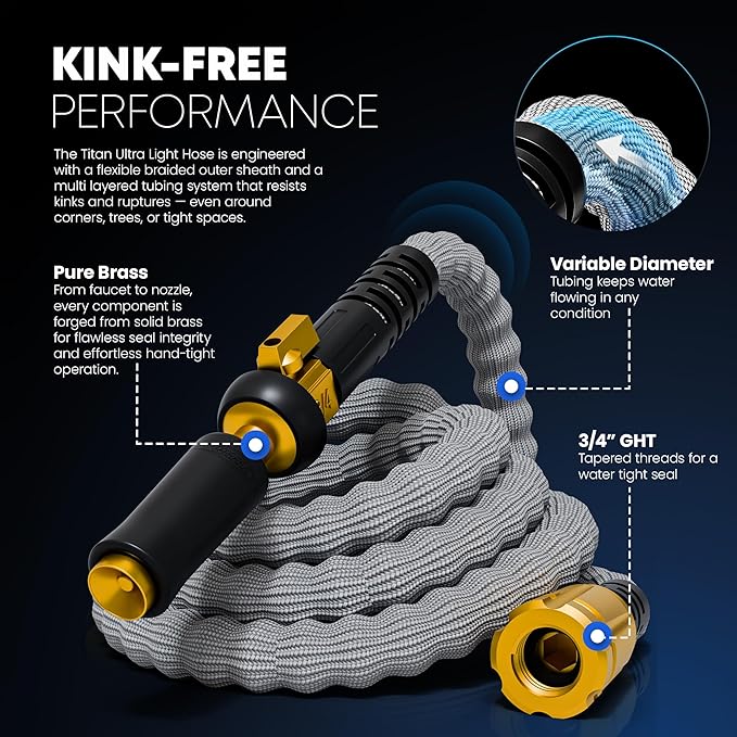 TITAN Flexible Garden Hose 50FT – Ultra Lightweight, Heavy Duty Water Hose with Brass Fittings & Jet Nozzle – Kink-Free, Non-Expanding, Durable Fabric Hose for Yard, Lawn, Car Wash, Outdoor Use
