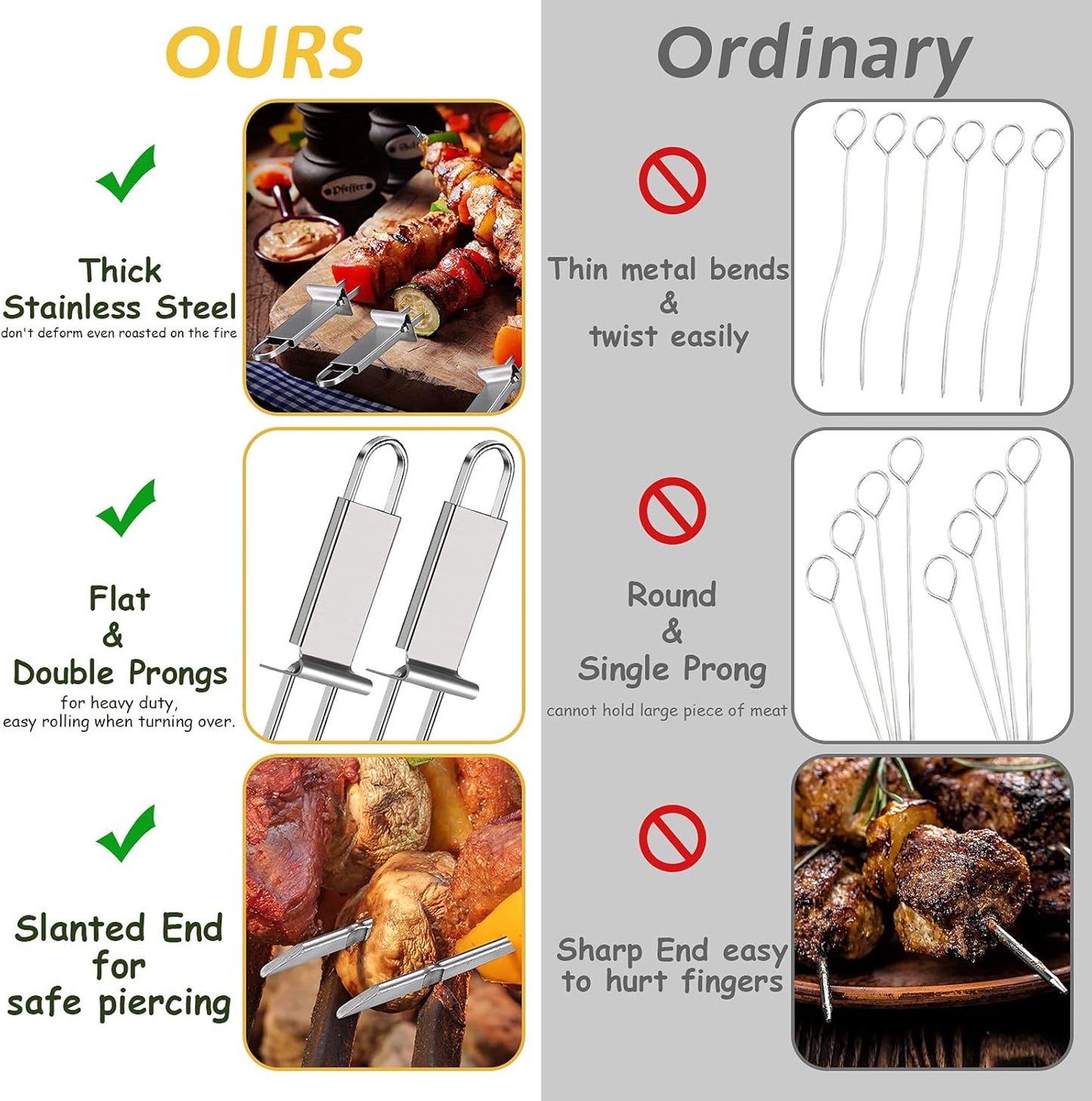 Lallisa Kabob Skewers - Metal BBQ Skewer Sticks with Push Bar for Meat, Chicken, Vegetable & Fruit (12 Pieces)