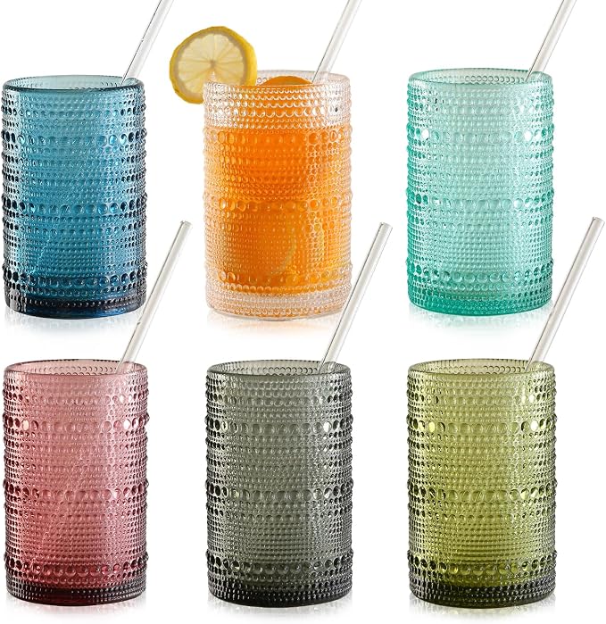 KMIGRUAN 15oz Colored Hobnail Drinking Glasses Set of 6, Vintage Kitchen by KMIGRUAN