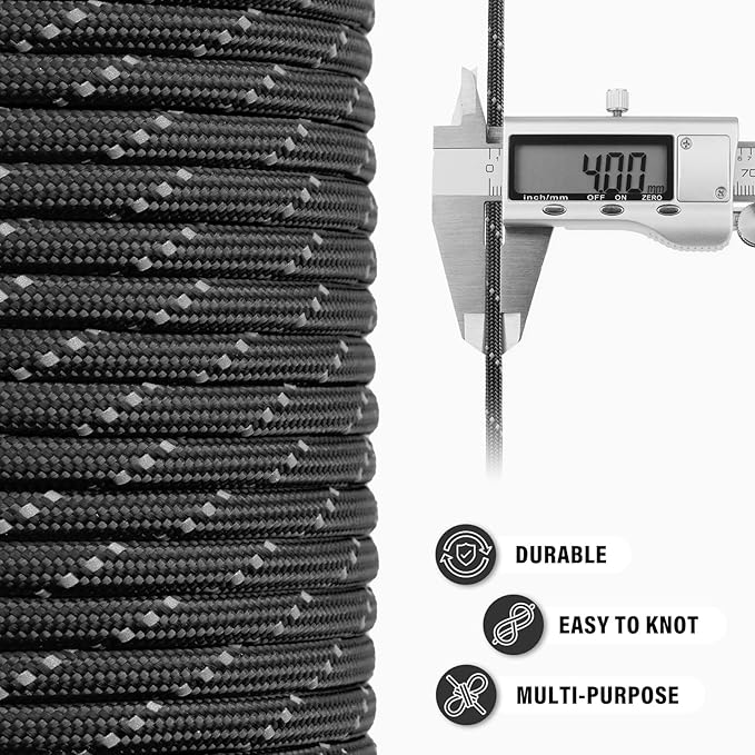 Reflective Paracord Rope 750 lb - 200ft 5/32" Parachute Cord 4MM 12-Strand para - Image 5