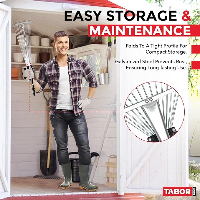 TABOR TOOLS Adjustable Metal Rake - Collapsible & Telescopic - Garden, Yard, & Lawn - Ideal for Leaves, Shrubs & Small Areas. J16A