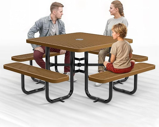Metal Picnic Tables for Outdoors with Umbrella Hole - Coated Steel Heavy Duty Commercial Grade Table with Adjustable Seats (Brown, 46 in, Square, Expanded Steel)