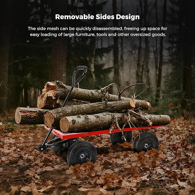 SUNNYFEEL 900 Lbs Capacity Heavy Duty Mesh Steel Garden Cart,Folding Utility Wagon with Removable Side Nets, Non-Slip Rubber Base, Red,Upgraded Version