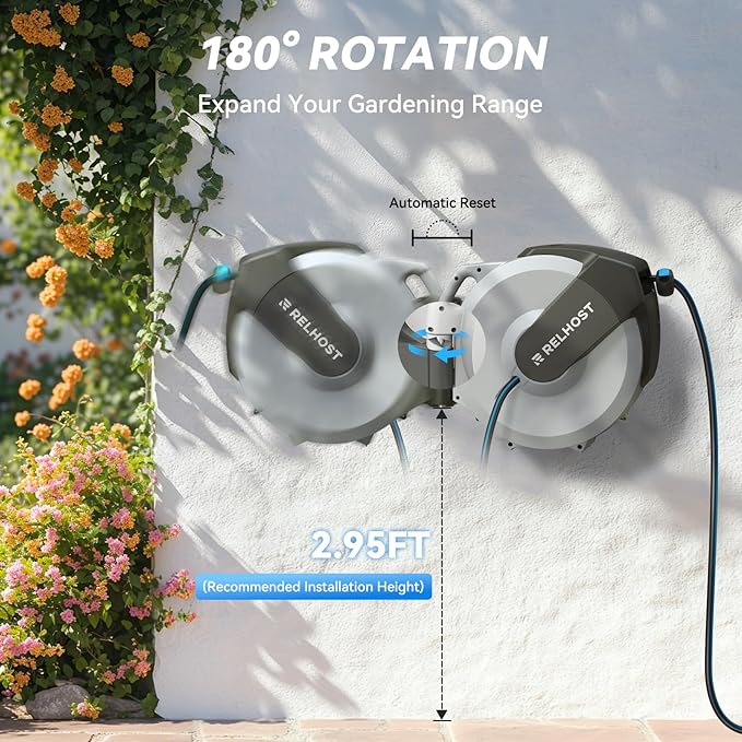 Retractable Garden Hose Reel 65 ft x 5/8 in, Heavy Duty Hose Reel Wall Mount with Any Length Lock, Auto Rewind System, 180° Swivel Bracket, 10-Pattern Garden Hose Nozzle, White & Grey