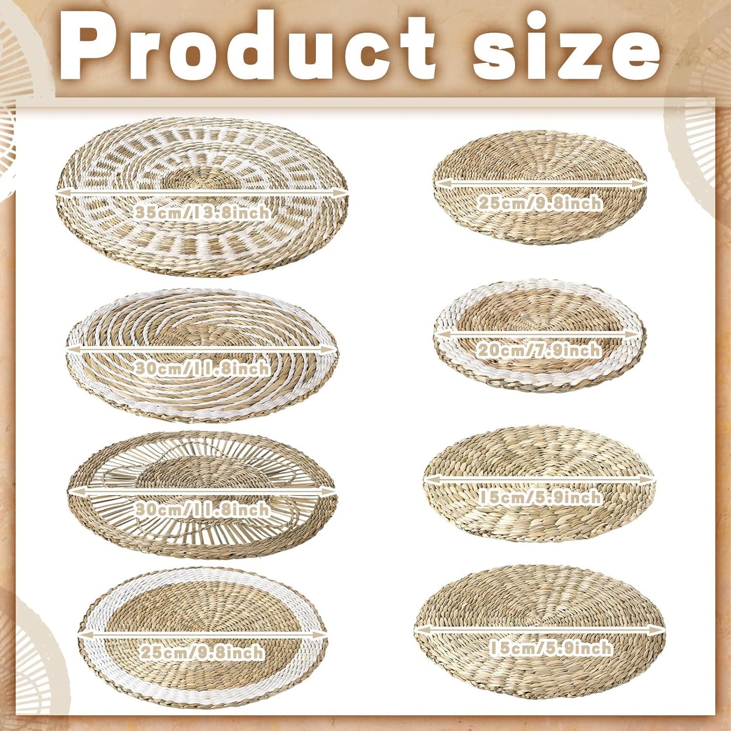 Xuhal Set of 8 Hanging Woven Wall Basket Handmade Decorative Rustic Boho Basket Decor Handcrafted Wicker Round Seagrass Wall Art for Home Kitchen Farmhouse Table Living Room