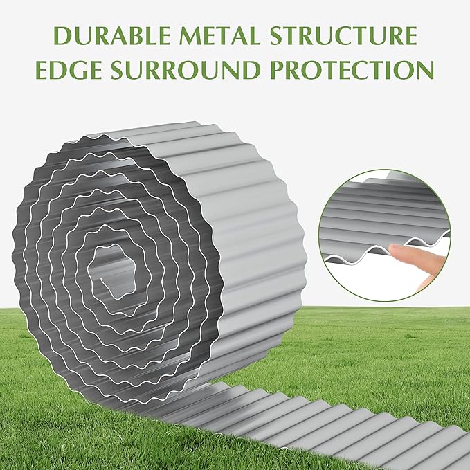 Metal Garden Edging Border, Corrugated Steel Landscaping, DIY for Lawn (Silver, 10 Inch x 20FT)