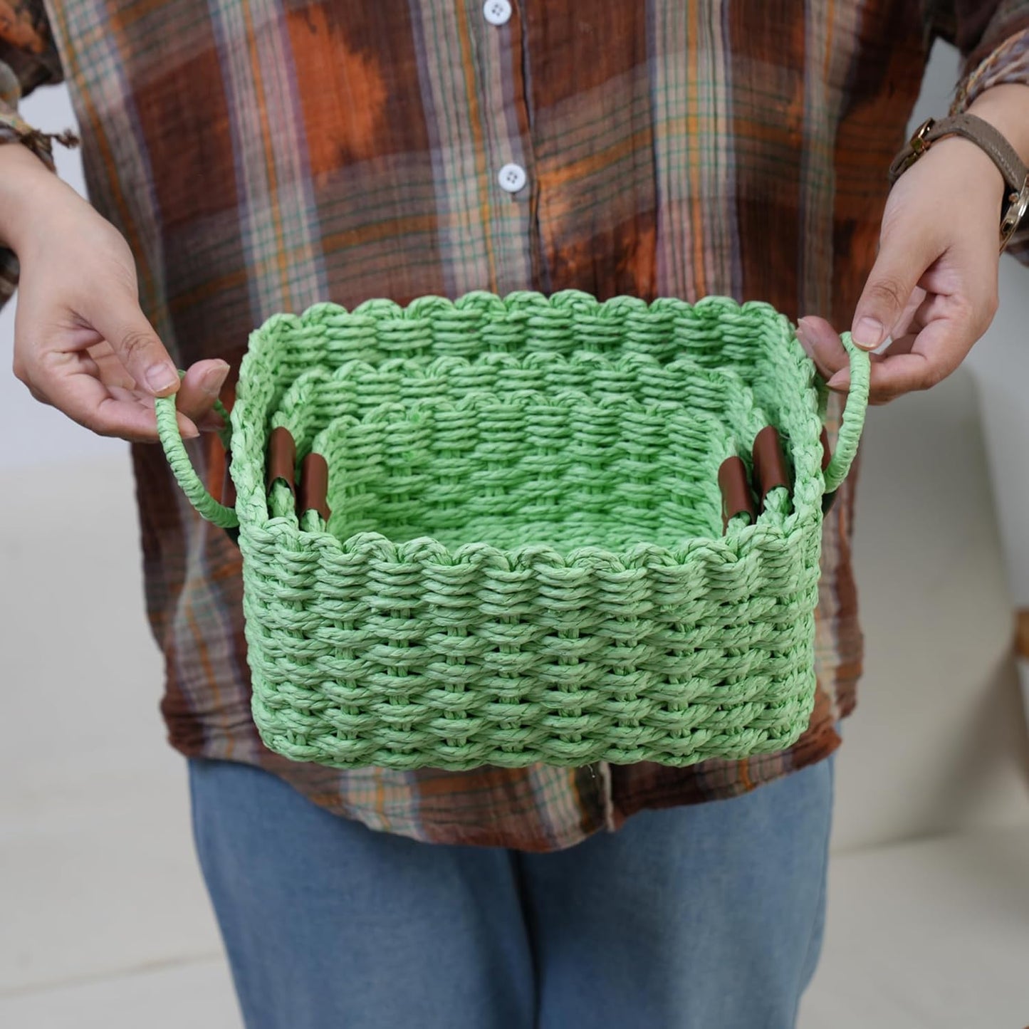 Small baskets for Organizing,Cute woven Storage basket with recycled paper rope for Shelves Bathroom,Little decorative basket,Set of 3 (Light Green)