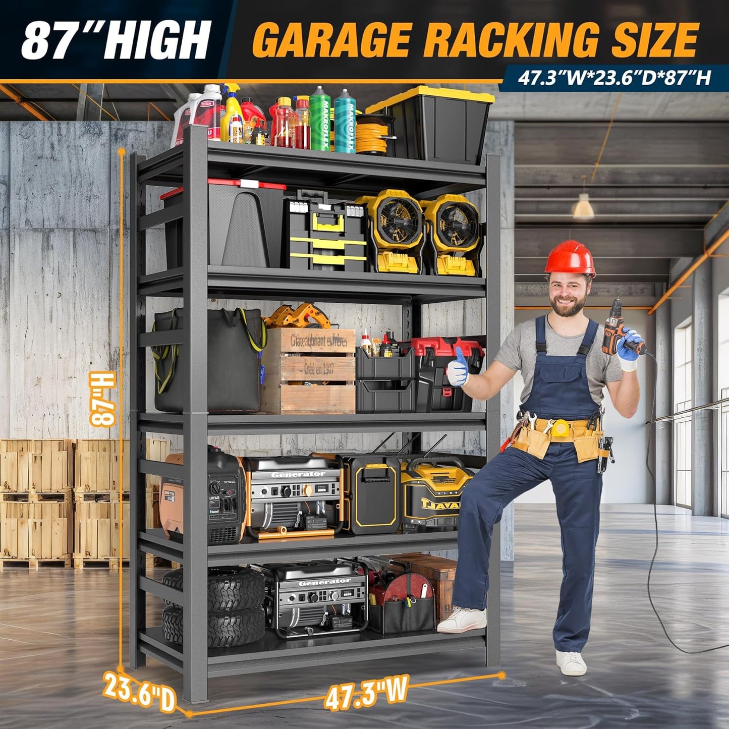 Heavy Duty Commercial Metal Garage Shelving Rack,Adjustable Industrial Steel Storage Shelves for Warehouse, Garage, Basement, 87" H x 47.2" W x 23.6" D, Black