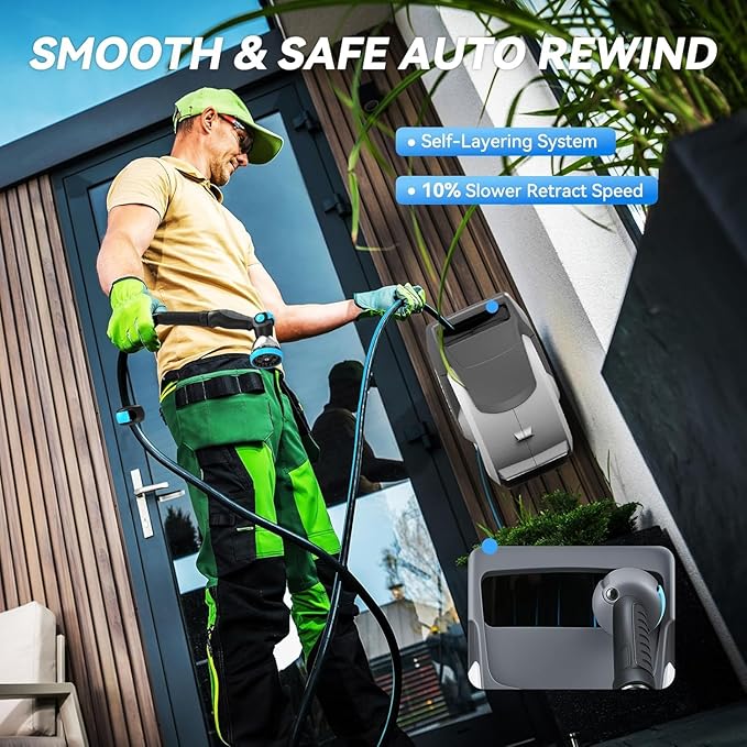 Retractable Garden Hose Reel - 100 ft x 5/8 in Heavy Duty Wall Mount with Auto Rewind, Any Length Lock, 180° Swivel Bracket & 10-Pattern Nozzle (White & Grey)