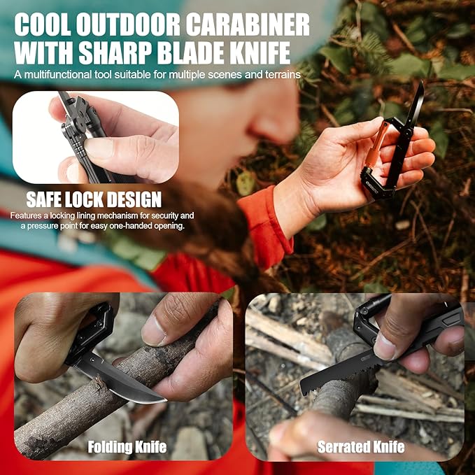 Carabiner Multitool with Pocket Knives, EDC Carabiners, Serrated Knife - Image 2