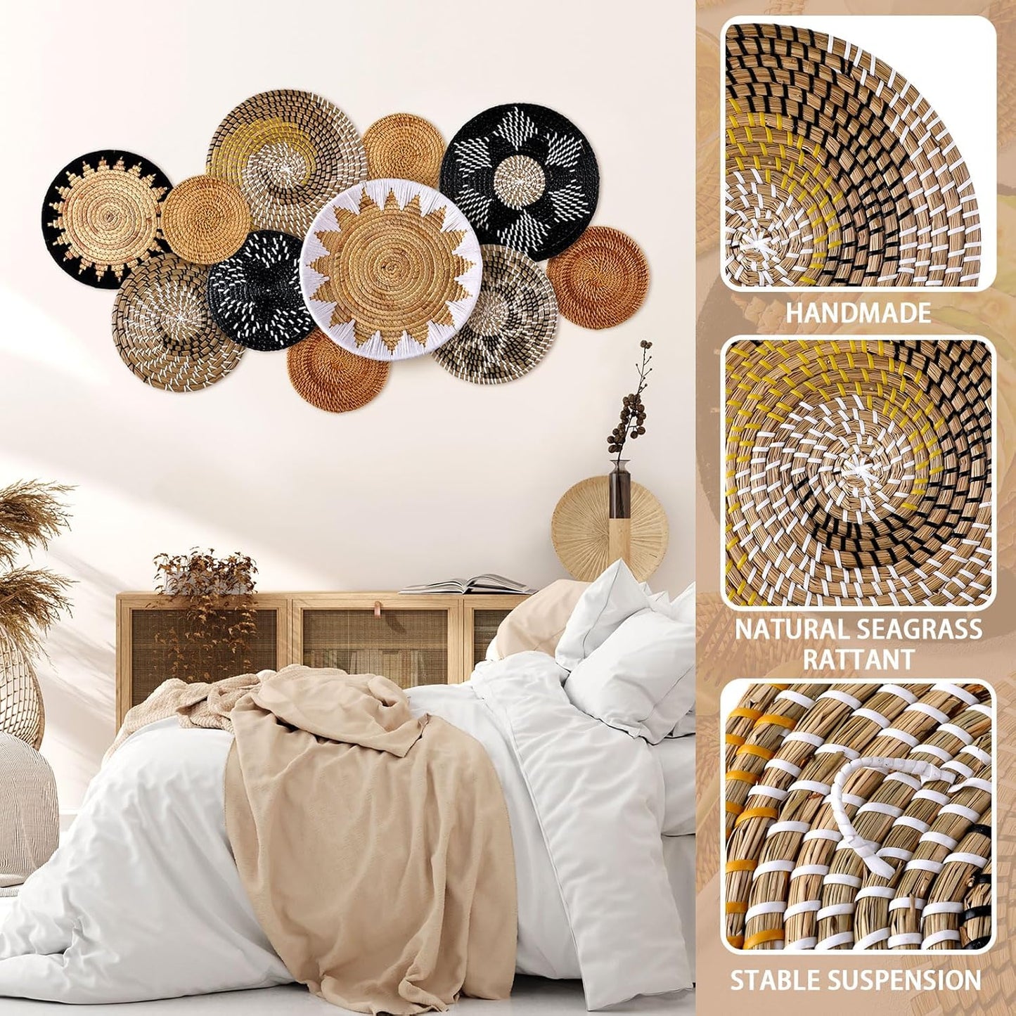 Xuhal 11 Pcs Boho Hanging Wall Basket Decor Handmade Woven Basket Wall Decorative Boho Wicker Baskets Placemats Round Farmhouse Bulrush Art for Rustic Home Decorations Christmas Gift(Stylish)