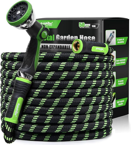 RAINPOINT Metal Garden Hose 50 ft - No-kink 304 Water Hose with 10 mode Nozzle - Brass Connection, Swivel Handle, Flexible Hose,Lightweight, Puncture