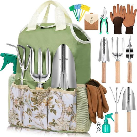Gardening Tools Set of 12-Piece, Rust-Proof Durable Stainless Steel Gardening Supplies, Heavy Duty Gardening Hand Tools with Floral Storage Bag, Ideal Gardening Gifts for Women and Men