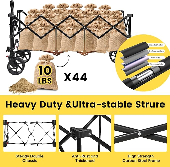 Sekey 48''L Collapsible Foldable Extended Wagon with 440lbs Weight Capacity, Heavy Duty 300L Folding Utility Garden Cart with Big All-Terrain Beach Wheels & Drink Holders. Grey