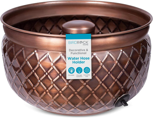 BIRDROCK HOME Water Hose Holder - Decorative Metal Pot, Indoor or Outdoor, Garden Storage Organizer, Patio Portable Bucket - Embossed Steel w/ Copper Accents, Holds up to 100ft Hoses