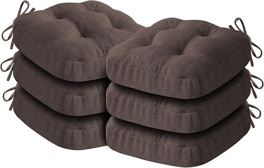 Chair Cushions for Dining Chairs, Dining Chair Cushions, Tufted Indoor Chair Pads with Ties & Non Slip Backing, Seat Cushions for Kitchen Chairs 16.5” x 16.5” x 3.5”, Set of 6, Brown