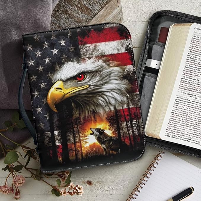 Small Bible Cover Case for Women Men American Flag Wolf Bald Eagle Print PU - Image 5