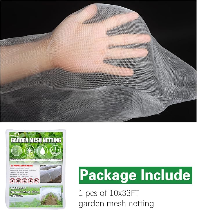 SnugNiture Garden Netting 10x33FT Ultra Fine Mesh Mosquito Netting Plant Covers, White Bird Netting Barrier Greenhouse Row Cover Protect Fruits Flower Vegetables from Birds Deer & Squirrels