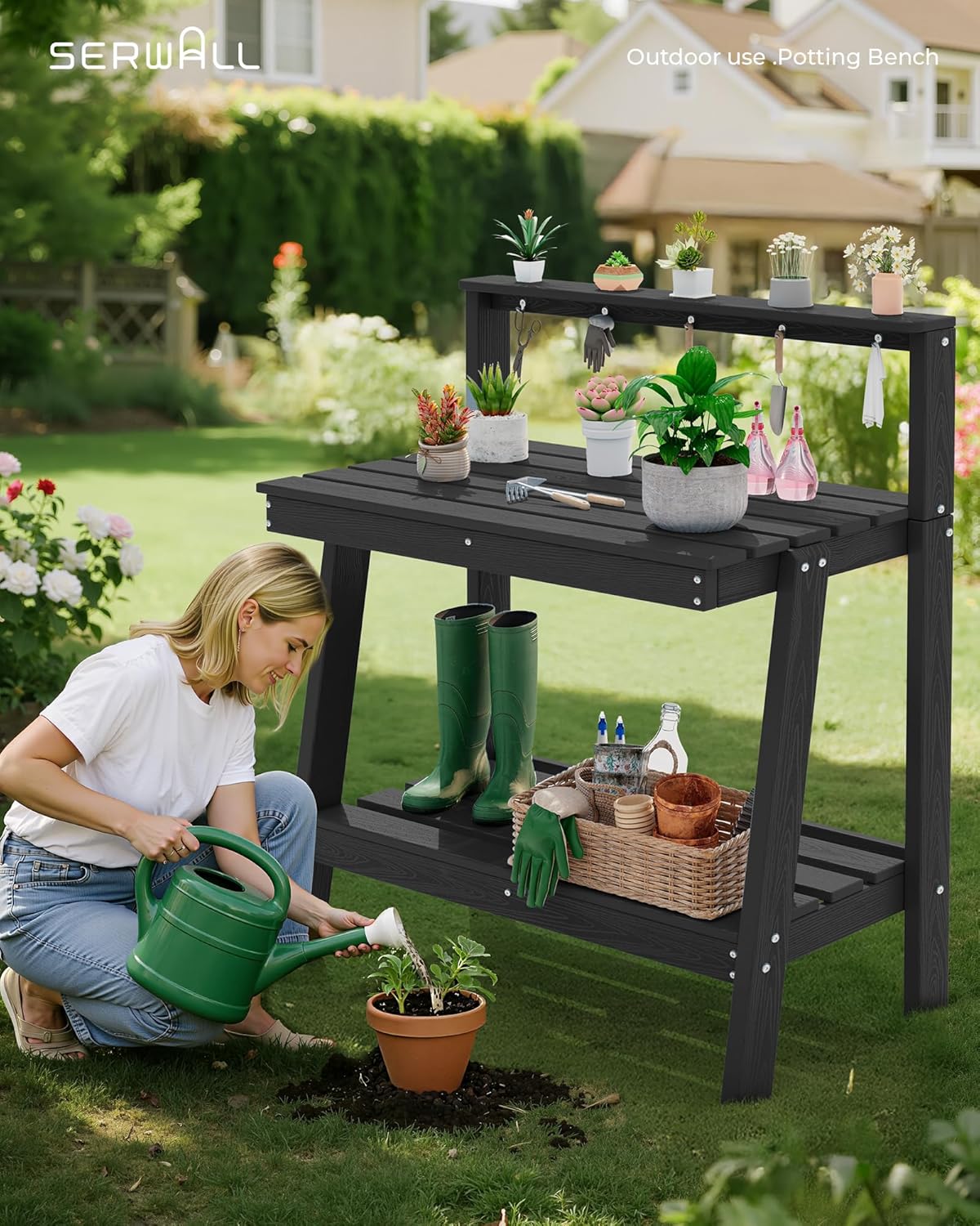 SERWALL Potting Bench Outdoor with Storage Set of 2, 3-Tier HDPE Gardening Table with Angled Legs & Tool Hooks, All-Weather Heavy Duty Potting Table for Patio, Backyard, Garden, Black