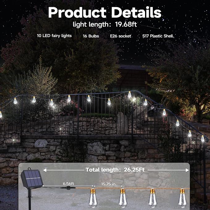 Solar Outdoor String Lights, 20Ft Vintage Rope Hemp Solar Patio Lights - Image 3