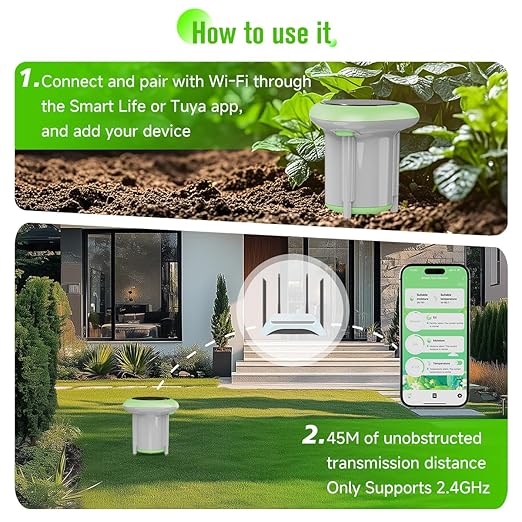 Smart 3-in-1 Soil Moisture/Temperature/Fertility Meter for Outdoor Plant, Soil Test Kit for Garden/Farming/Lawn, GreenVation Digital Soil Sensor with Tuya/Smart Life APP Push Notification