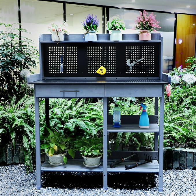 Outdoor Potting Bench Table,Garden Work Bench Metal Tabletop Horticulture with Shelf Rack Wooden Potting Benches for Outside with Holey Board/Hooks/Pads/Drawer/Adjustable and Cabinet,Gray