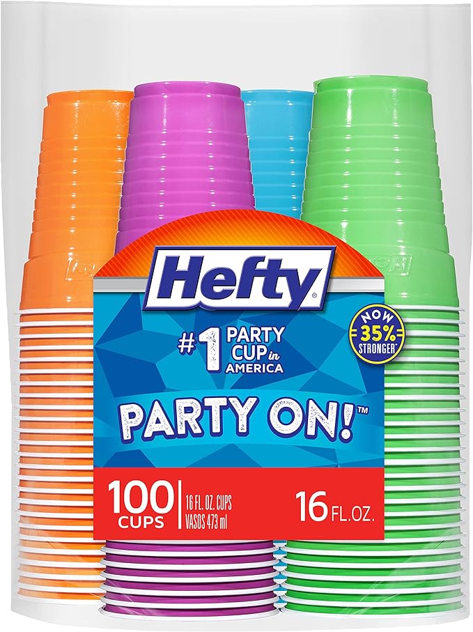 Hefty Party On Disposable Plastic Cups, 16 Ounce by Hefty