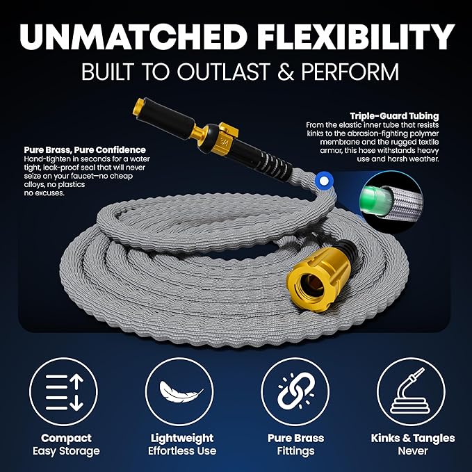 TITAN Flexible Garden Hose 15FT – Ultra Lightweight, Heavy Duty Water Hose with Brass Fittings & Jet Nozzle – Kink-Free, Non-Expanding, Durable Fabric Hose for Yard, Lawn, Car Wash, Outdoor Use