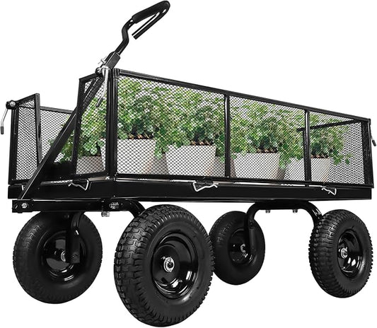 Taifa Heavy Duty 1100 Lbs Capacity Steel Garden Cart with 11.5 inch Tire, Removable Side Panels Turn Into Flatbed, Utility Cart for Yard Lawn and Farm, Metal Wagon with 180° Rotating Handle, Black