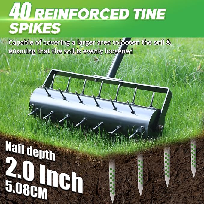 Rolling Lawn Aerator with 42 Spikes, No Assembly Required, Heavy-Duty Manual Lawn Tool for Soil Loosening and Grass Root Growth, Garden Yard Aeration Tool