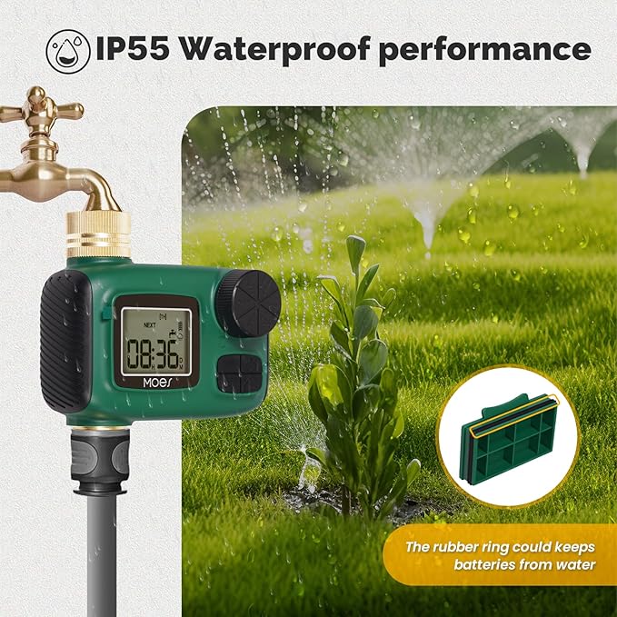 MOES Sprinkler Timer, Brass Inlet & Outlet, Programmable Automatic Irrigation Controller, Rain Delay, Manual Watering, 1 Zone Water Hose Timers for Gardens, Lawns, and Hose Systems
