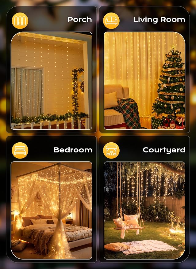 Brightown 300 LED Fairy Curtain Lights, 9.8ft x 9.8ft Warm White Curtain String - Image 7