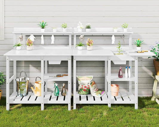 SERWALL Potting Table Set of 2 for Outside All Weather Use- White