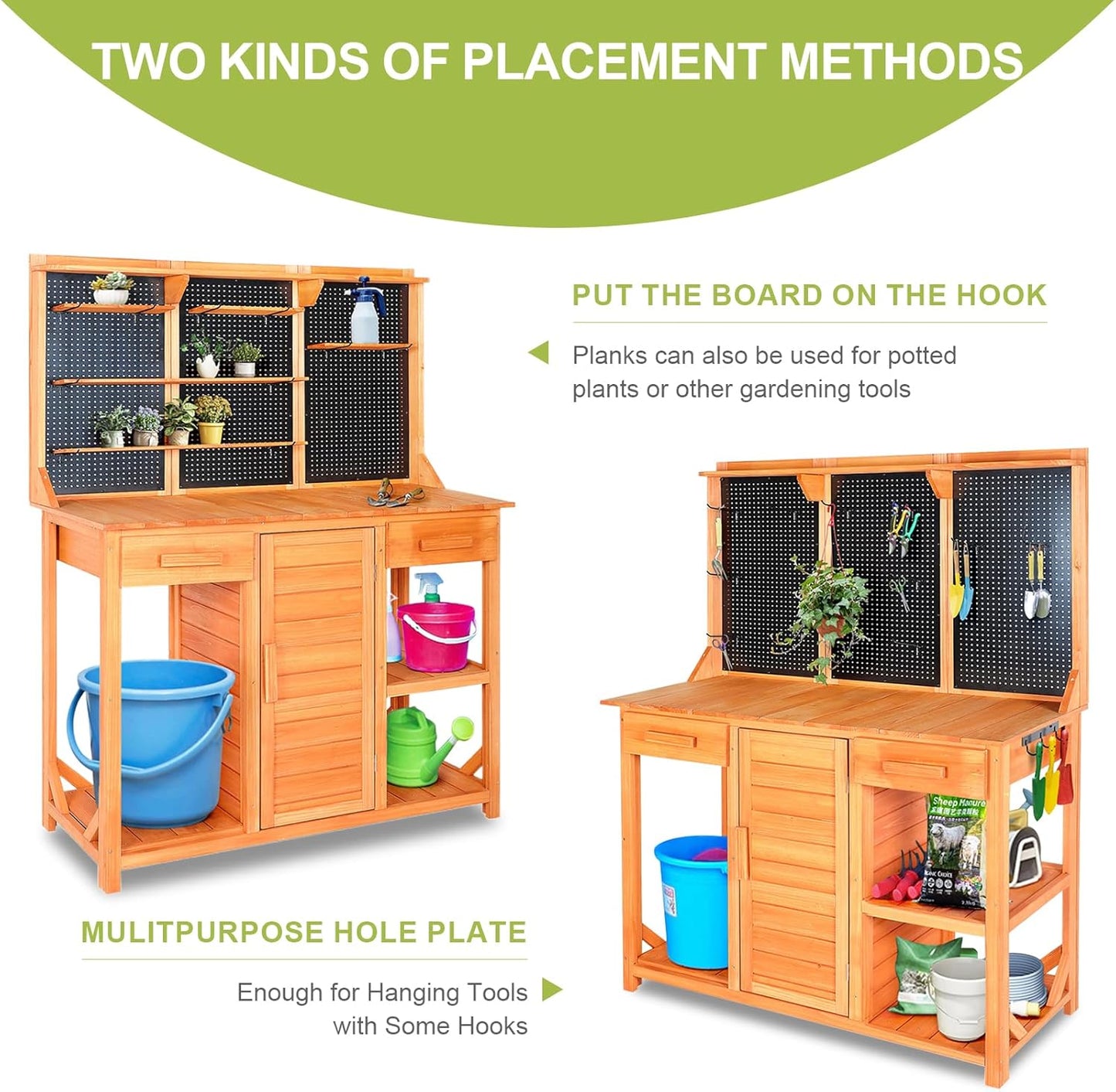 Outdoor Garden Potting Bench, Horticultural Wooden Workstation Table with Storage Drawer, Cabinet, Metal Pegboard, Adjustable Hooks and Shelves for Backyard, Patio, Greenhouse