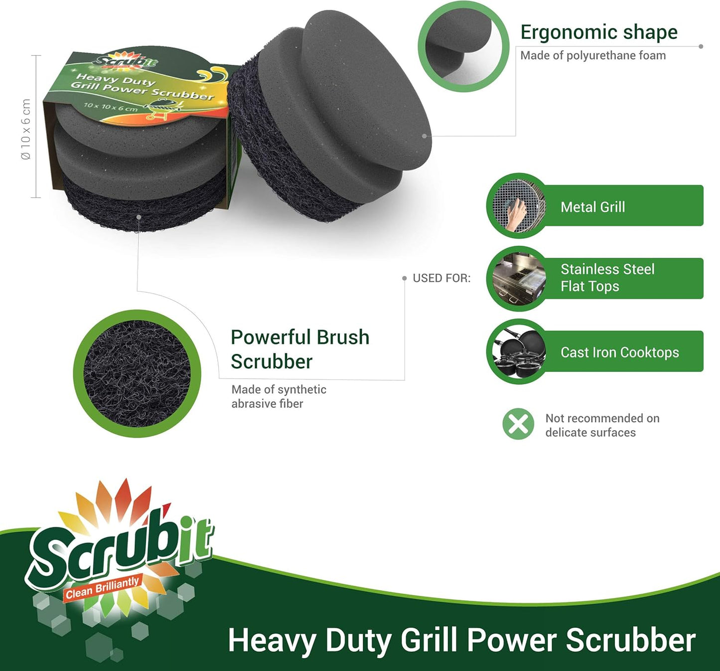 SCRUBIT Grill Cleaning Brush - Grill Sponge Bristle Free BBQ Cleaner with Heavy Duty Scrubber Pad, Safe Cast Iron and Griddle Scraper Pads, Ideal Accessories for Charcoal and Gas Grills - 2 Pack
