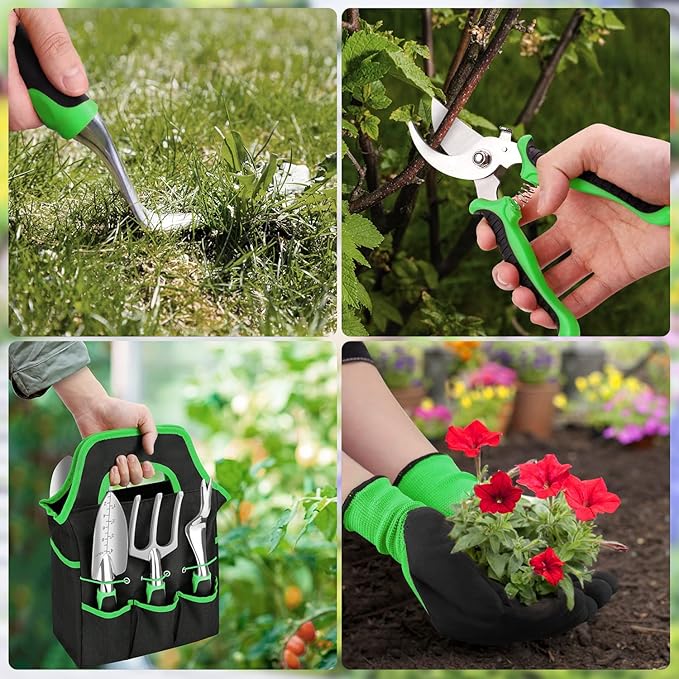 sungwoo Garden Tool Set 8 Piece, Heavy Duty and Lightweight Aluminium Alloy Tools with Ergonomic Handle, Storage Tote Bag, Gardening Hand Tools, Gardening Gifts for Women and Men Green