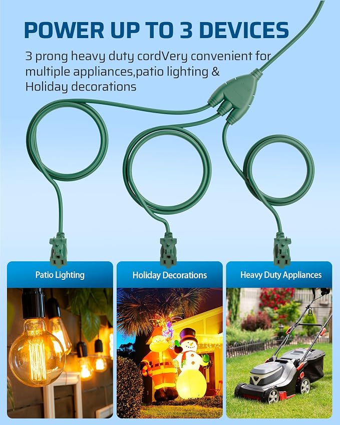 DEWENWILS Outdoor Extension Cord 1 to 3 Splitter, Total 52FT, 13A 125V 1625W - Image 3