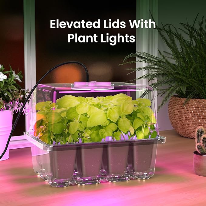 MIXC 6-Pack Seed Starter Tray with Plant Light,Seedling Trays with Adjustable Humidity Domes & Clear Cell Trays 12 Full Spectrum LED Beads for Indoor Plant Growth(Transparent)