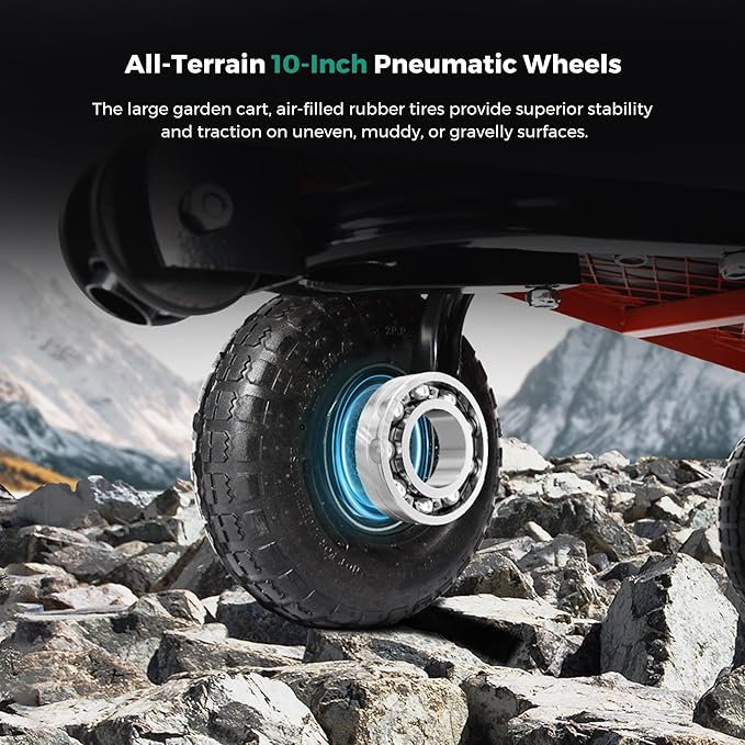 SUNNYFEEL 900 Lbs Capacity Heavy Duty Mesh Steel Garden Cart,Folding Utility Wagon with Removable Sides,10 Inch Flat Free Tires, Red