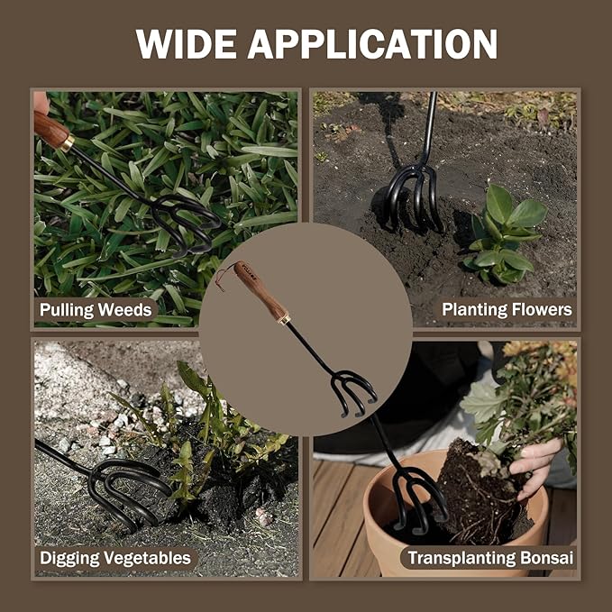 Hand Cultivator Rake, Ergonomic Small Garden Rake with Walnut Handle & 4 Durable Tines, Garden Tools for Weeding, Digging and Cultivating