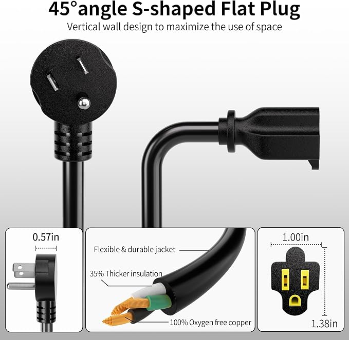 Vockjour 3 FT Black Low Profile Flat Plug 14 Gauge Heavy Duty Extension Cord - Image 5